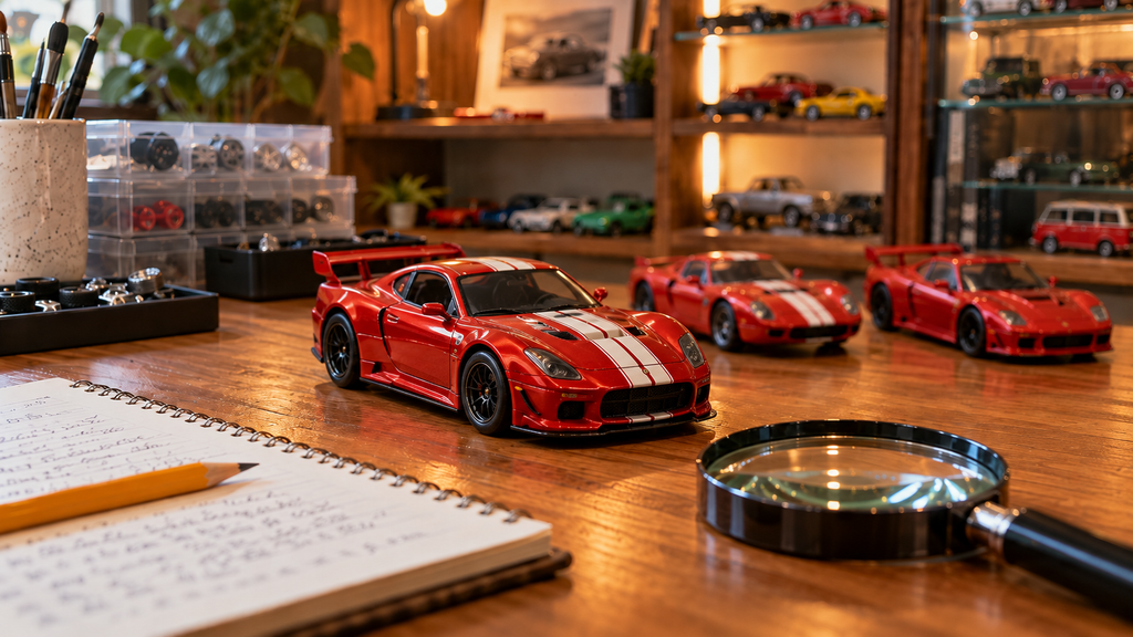 Generic red diecast race car on a collector desk