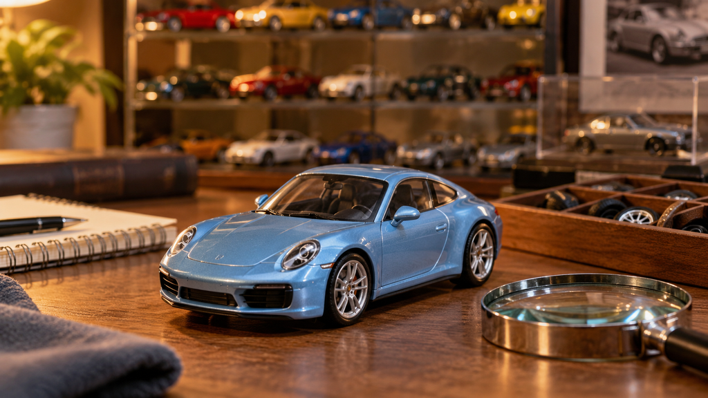Generic light-blue diecast sports car on a collector desk with magnifying glass and model car display shelves.