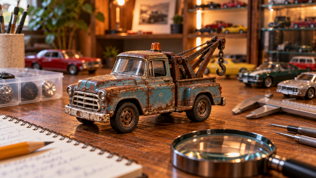 Weathered generic tow-truck diecast on a collector workbench.